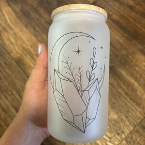 Crystal Moon #2 Handmade 16OZ Glass Iced Coffee Cup with Bamboo Lid